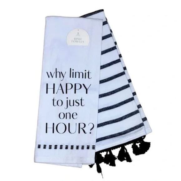 New Set of 2 Happy Hour Black White Bar Kitchen Towels - Picture 1 of 2